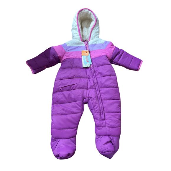 Cat & Jack Baby Girls Hooded Puffer One-Piece Pink Purple Snowsuit Size 9M New - Picture 1 of 6